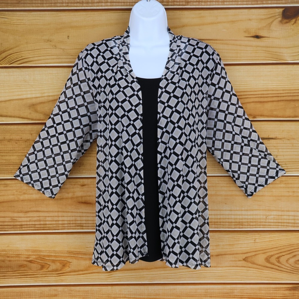 Stitch 3/4 Sleeve Blouse Womens 1X Black Brown Geometric Built-In Tank‎ Stretch